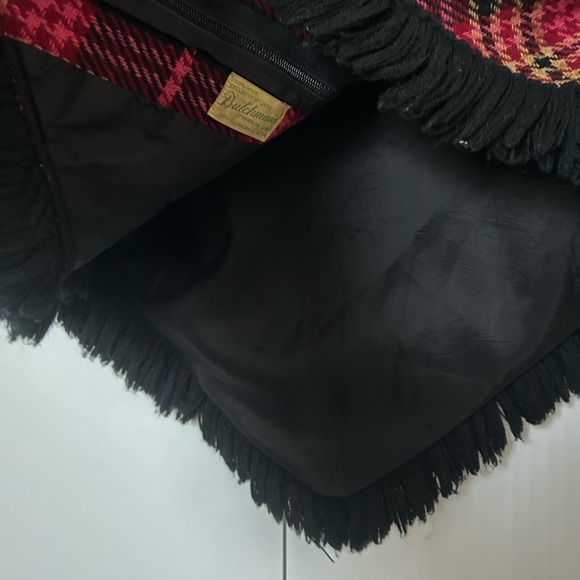 Vintage 60s Poncho Dutchmaid Pink Red Plaid Wool Tweed with Fringe and Zipper - Picture 8 of 9